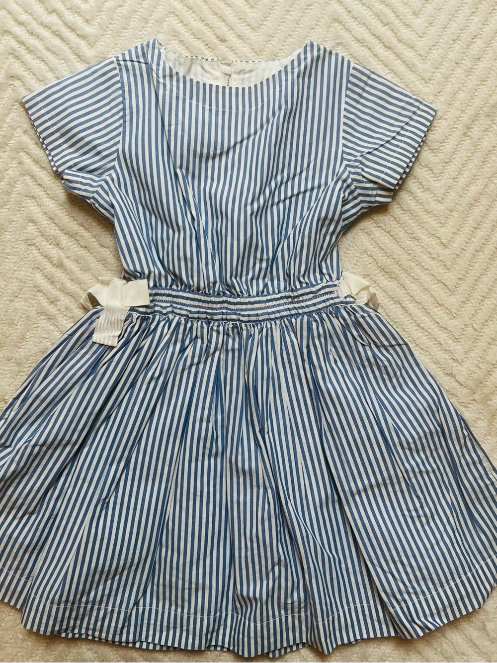 Crewcuts Blue and White Striped Cotton Dress with Side Bows